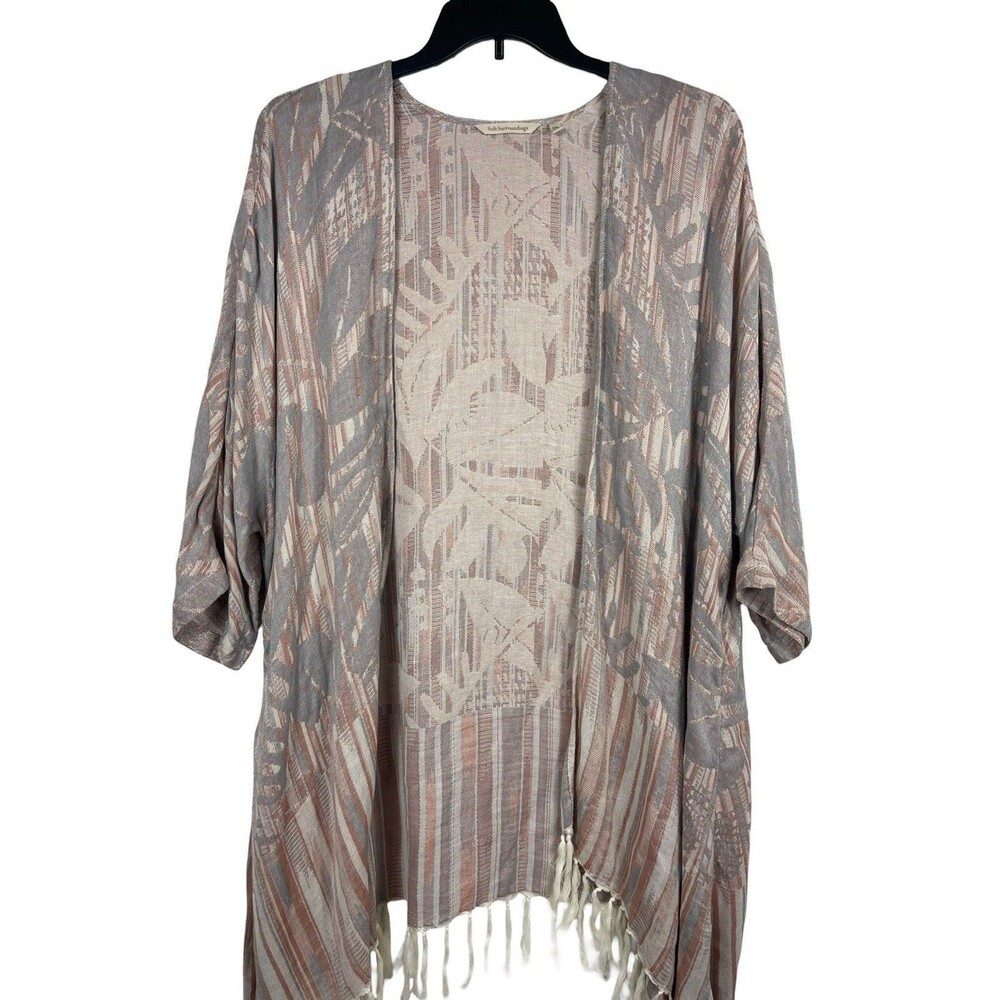 Soft Surroundings Fringe Kimono Cardigan L/XL Open Front Boho Neutral Duster